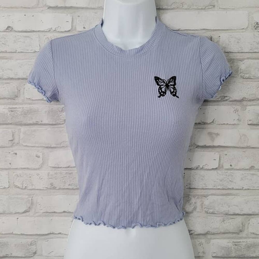 Popular 21 Y2K Rib Knit Butterfly Embroidered Lettuce Hem Blouse Womens Small